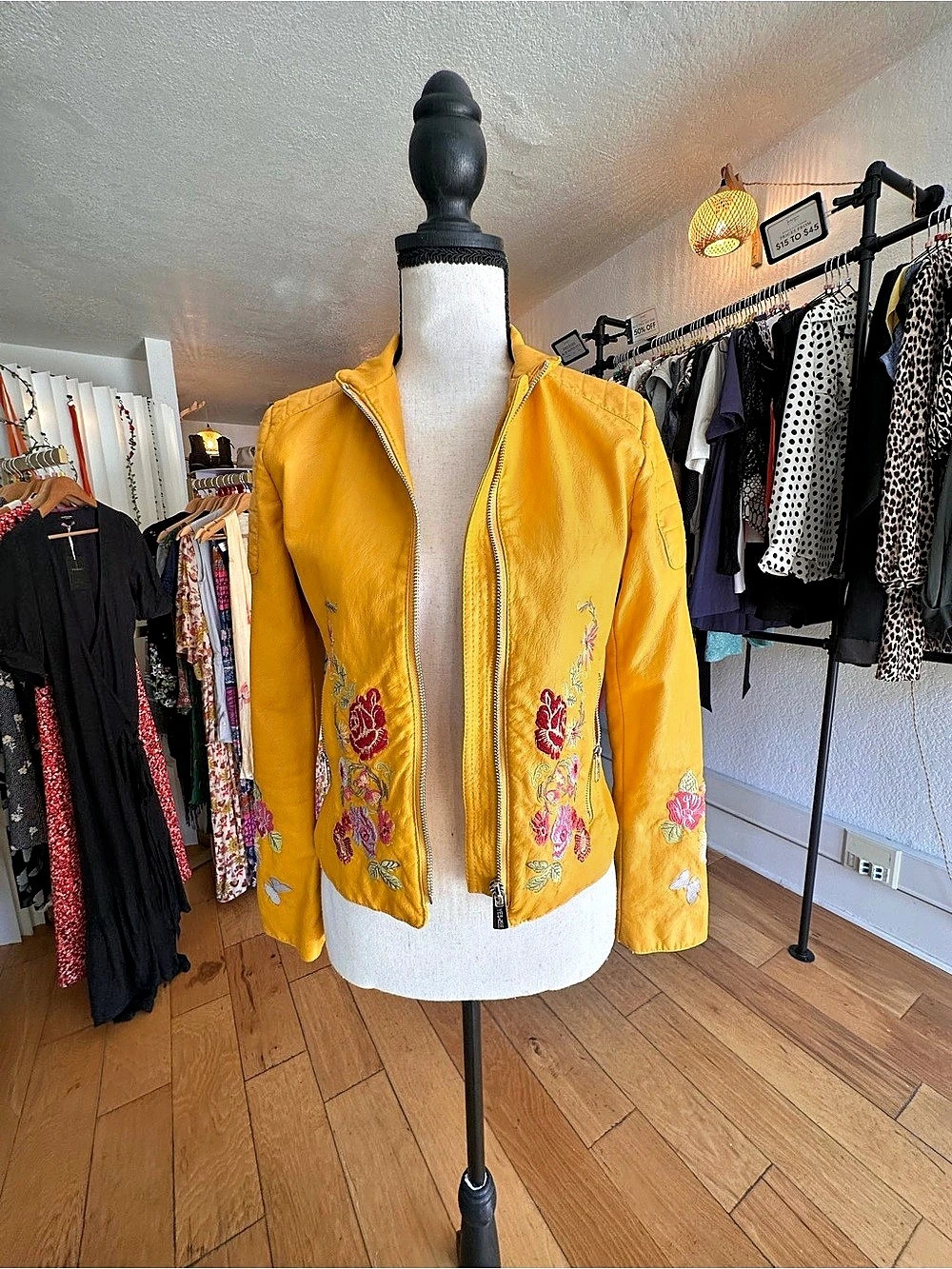 Yes Zee Mustard Yellow Floral Embroidered Faux Leather Moto Jacket